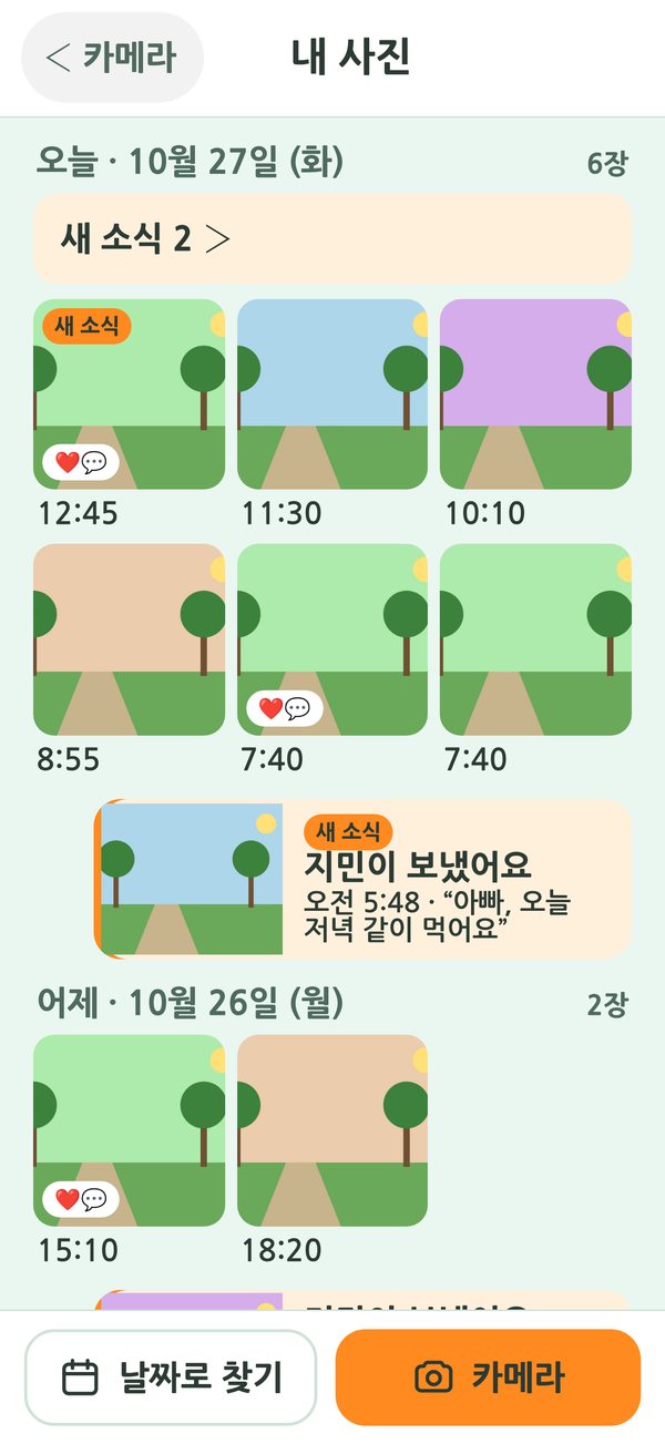 부모님 화면: 그동안 찍은 사진과 가족이 보낸 사진이 날짜별 격자로 보이는 '내 사진'
